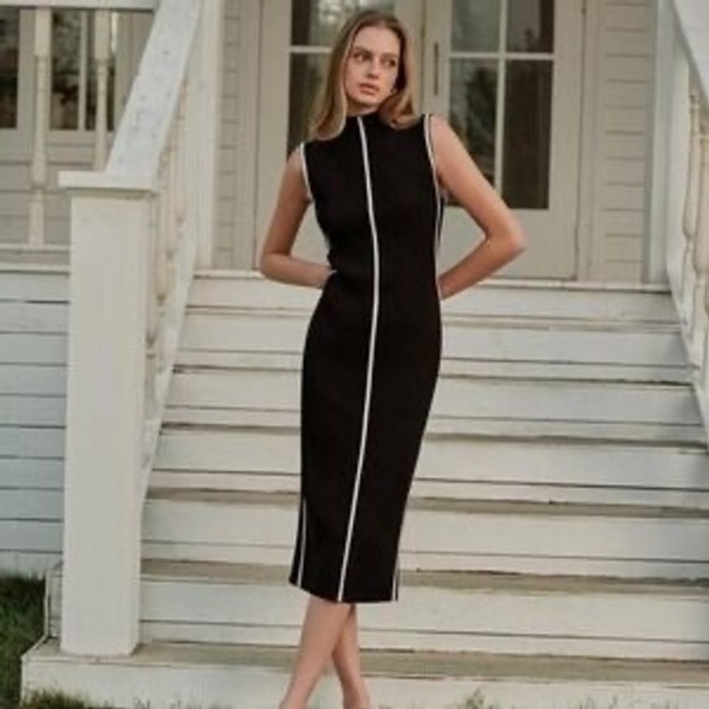 Commense Black Sleeveless Mock Neck Midi Dress with White Trim Detail Size‎ M